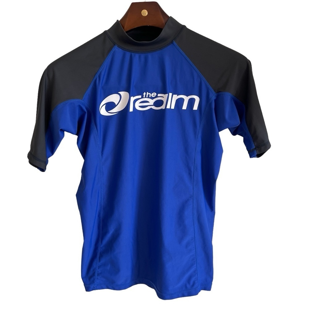 The Realm Rash Guard Swim Shirt- Blue With Black Short Sleeves- Size M
